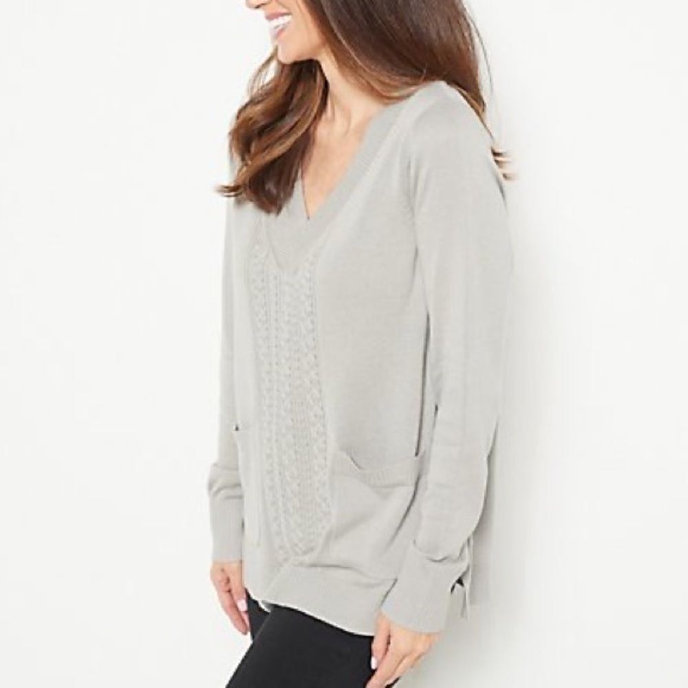 Isaac Mizrahi Live! Novelty Trim Pullover V-Neck Sweater